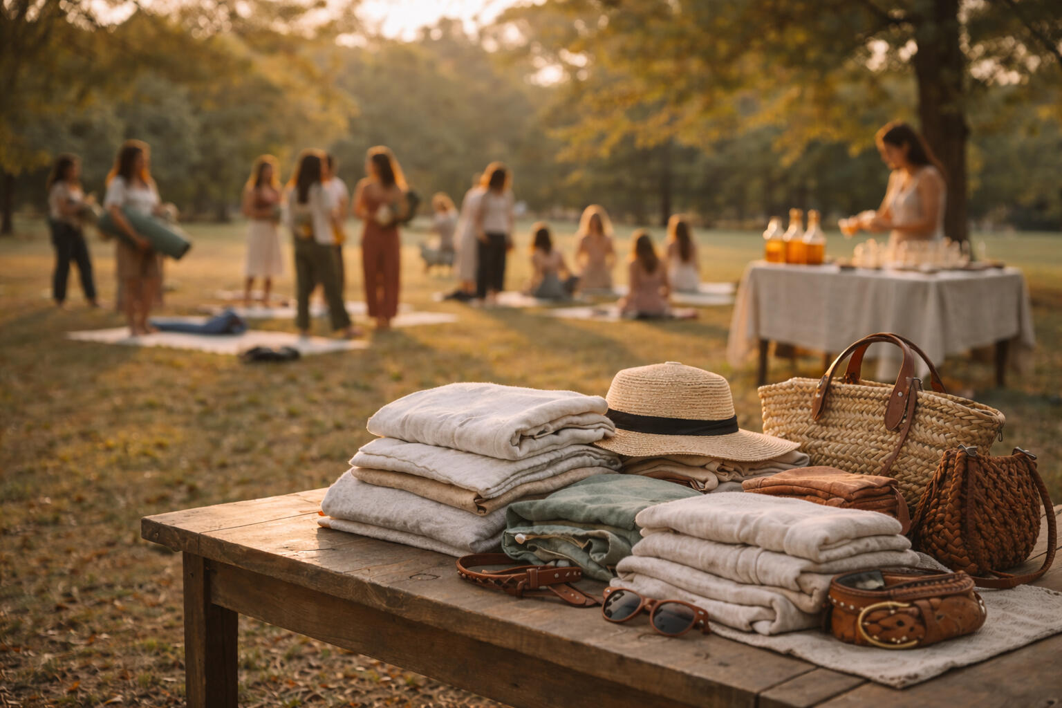 Community wellness event in Memorial Park at golden hour featuring folded natural-fiber clothing on a wooden table in the foreground, with men, women, and children gathering after an outdoor yoga session and a kombucha tasting station in the background.