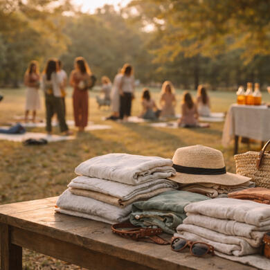 The Spring Reset — Yoga & Intentional Clothing Exchange at Memorial Park Community wellness event in Memorial Park at golden hour featuring folded natural-fiber clothing on a wooden table in the foreground, with men, women, and children gathering after an outdoor yoga session and a kombucha tasting station in the background.