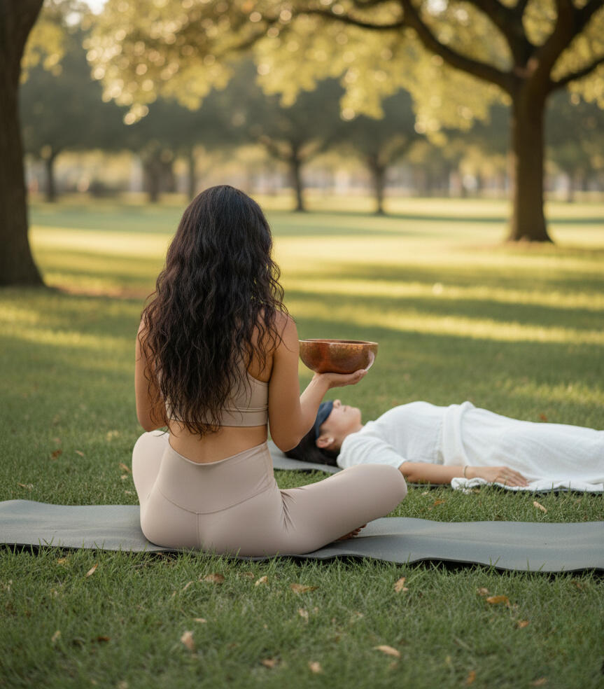 Sound Immersion Session — Fire & Flow Yoga Houston Sidra holding a Tibetan singing bowl during an outdoor sound immersion session in Houston TX